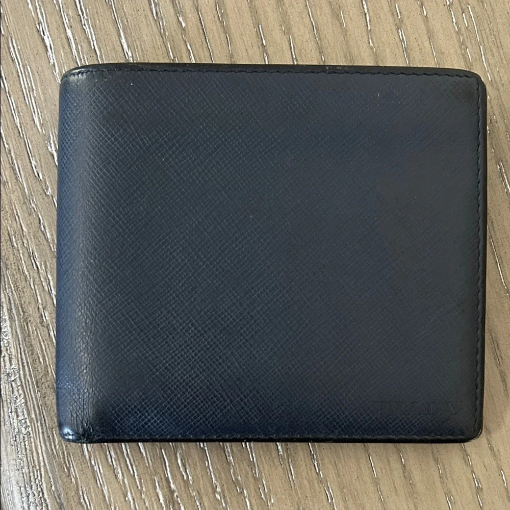 PRADA Embossed logo Saffiano leather bifold wallet Navy Model 224